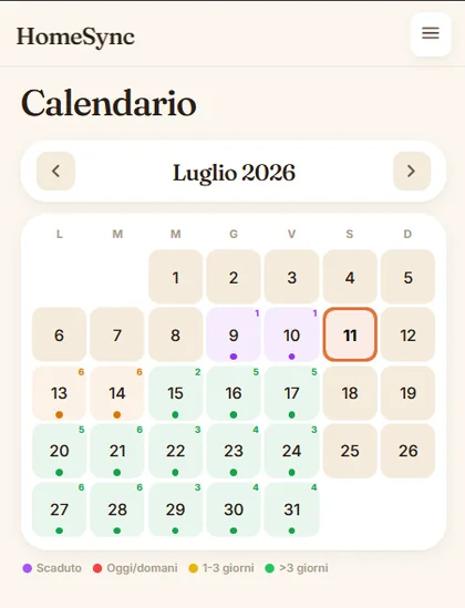 Calendario: vista mensile con indicatori colorati per urgenza dei task