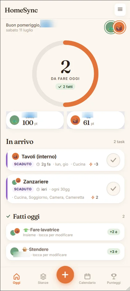 Home: task da fare oggi, punteggi dei due utenti, lista task in arrivo e completati