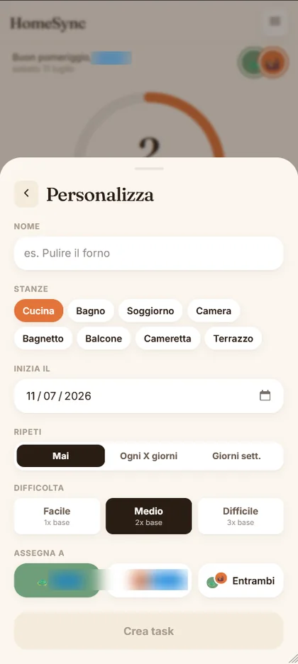 Creazione task: stanza, data inizio, ricorrenza, difficolt&agrave; e assegnazione