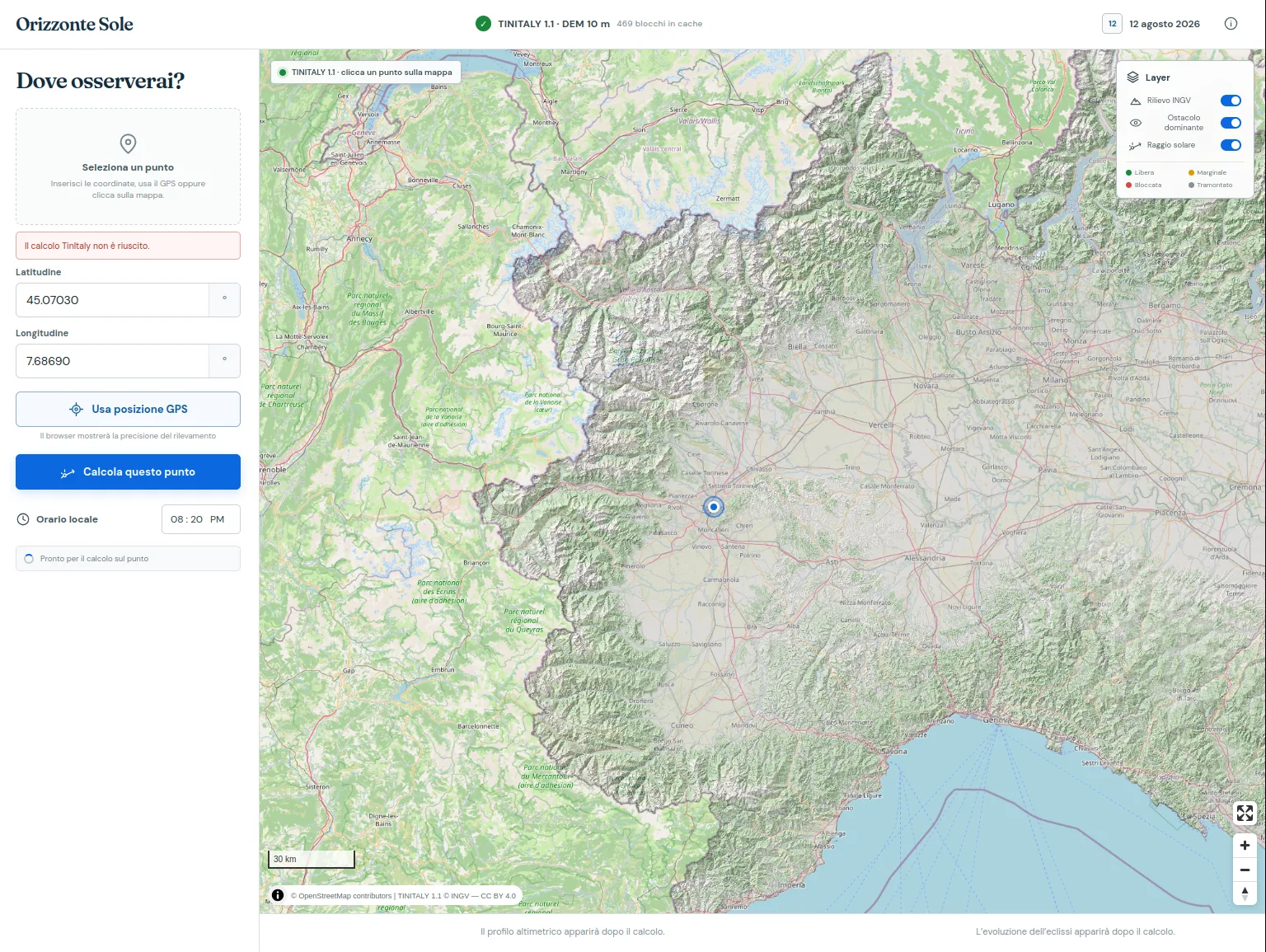Orizzonte Sole: mappa con il punto di osservazione selezionato e il calcolo di visibilità del Sole eclissato sull'orizzonte